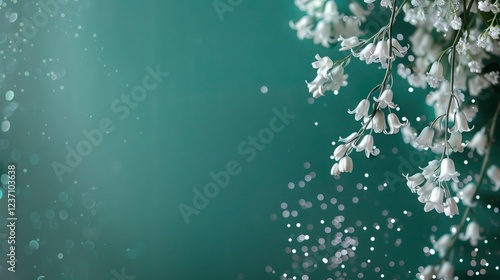 Pale emerald vertical backdrop adorned with white bluebells and subtle silver glitter, ideal for a baby girl announcement