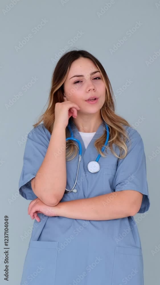 Happy Caucasian female young adult intern or practitioner thinking and having brilliant idea on blue background. Concept of a eureka and imagination. Vertical video. Happy Caucasian female young adult intern or practitioner thinking and having brilliant idea on blue background. Concept of a eureka and imagination. Vertical video.