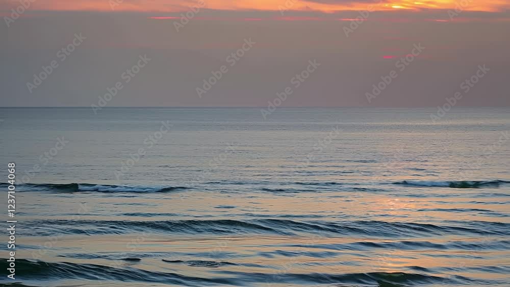 Sunset painting pink and orange sky, casting warm light over rhythmic waves gently rolling across serene ocean surface with tranquil coastal horizon Sunset painting pink and orange sky, casting warm light over rhythmic waves gently rolling across serene ocean surface with tranquil coastal horizon