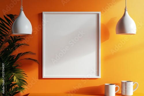 Fototapeta Naklejka Na Ścianę i Meble -  A blank white poster frame on an orange wall, with minimalist decor and coffee mugs nearby. The room has bright lighting from two hanging lamps.
