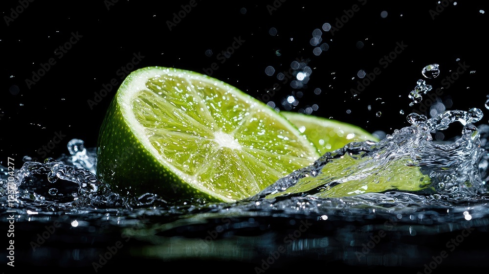 Fresh lime halves splashing in water, dark background, food photography Fresh lime halves splashing in water, dark background, food photography