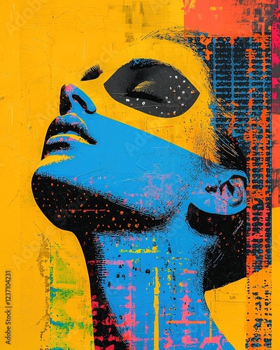 A vibrant, artistic portrait featuring a woman with a blue face and a striking yellow background, evoking a sense of boldness and creativity.