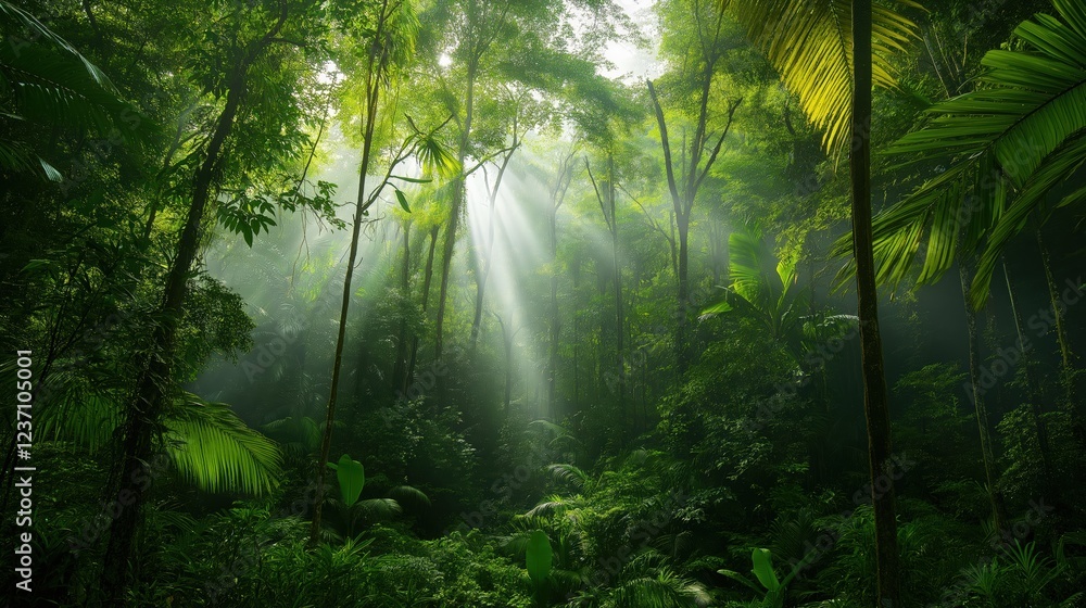 Fototapeta premium Sunlit Rainforest Canopy Lush Green Foliage Mystical Atmosphere