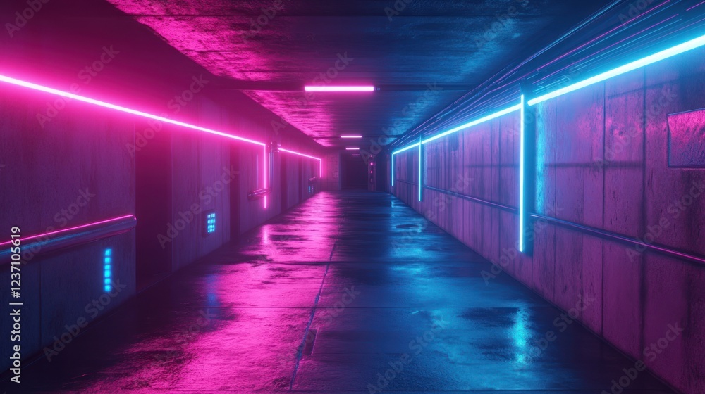 Fototapeta premium Abstract 3D sci-fi hyper warp tunnel, neon pink and blue streaks stretching into infinity