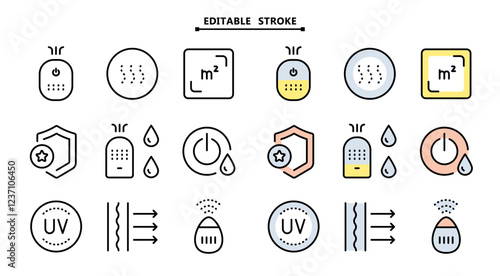 Air purifier and humidifier machine icon sets. Editable stroke. Home device for air purification filtering. Electronic devices. Home climate. Moisture content. Simple Air Humidifier icon for templates