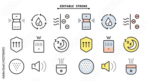 Air purifier and humidifier machine icon sets. Editable stroke. Home device for air purification filtering. Electronic devices. Home climate. Moisture content. Simple Air Humidifier icon for templates