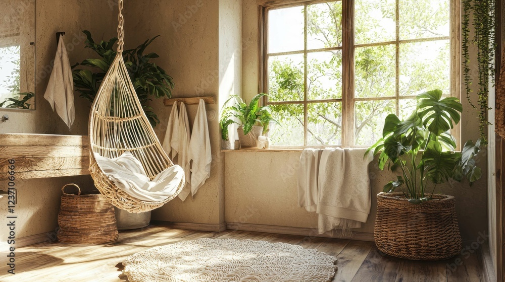 Cozy and Bright Bathroom with Hanging Chair and Green Plants Cozy and Bright Bathroom with Hanging Chair and Green Plants