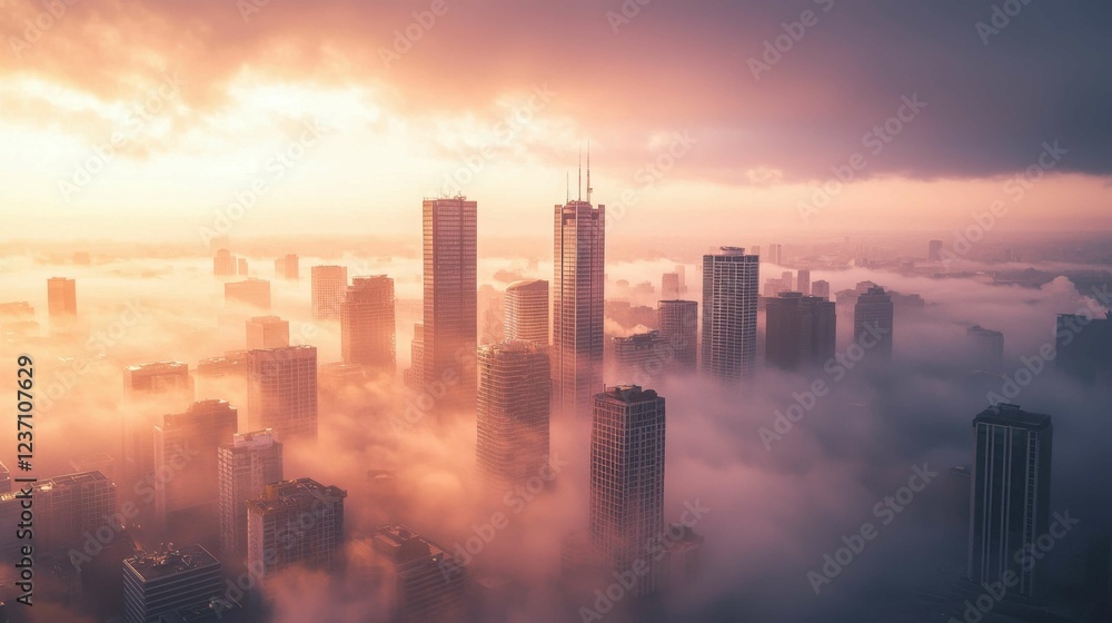 Fototapeta premium Majestic Cityscape with Skyscrapers and Fog at Sunrise