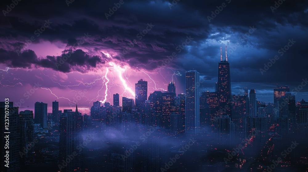 Fototapeta premium Dramatic Lightning Storm Over Urban Skyline During Nighttime