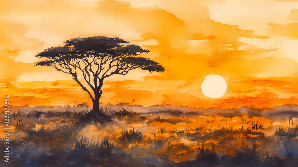 Fototapeta premium Savanna with a lone acacia tree silhouetted against the setting sun watercolor painting. Watercolor Harmony. Illustration