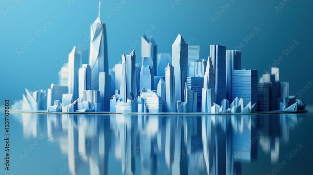 Blue Paper Cityscape with Reflection on Calm Water Surface Blue Paper Cityscape with Reflection on Calm Water Surface
