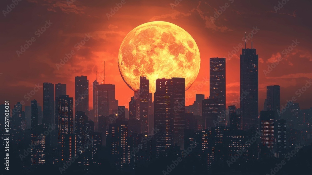 Fototapeta premium City Skyline with Bright Full Moon Against Sunset Background