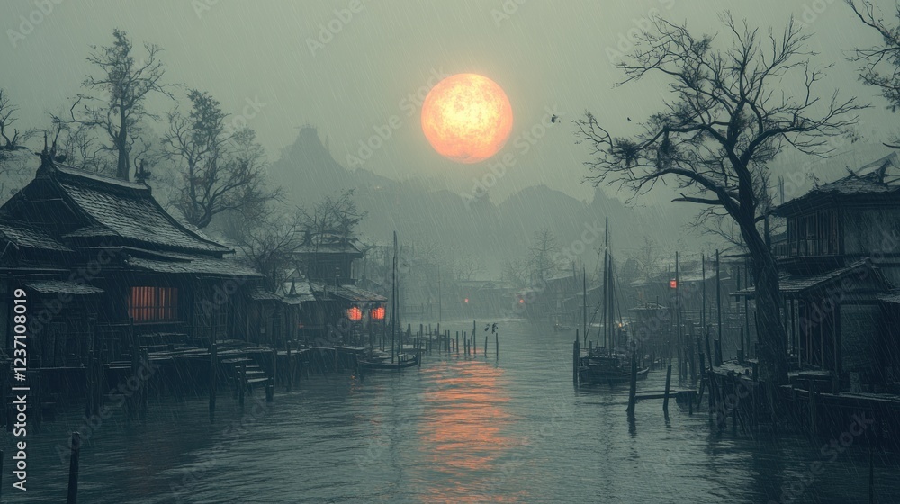 Fototapeta premium Misty Asian village canal scene with large orange moon.