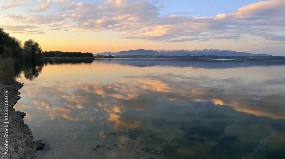 Obraz premium Serene Sunrise Lake Reflection Cityscape Soft Light