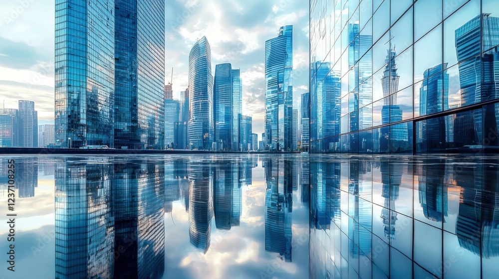 Modern Urban Skyline with Reflections on Glass Facades at Sunset Modern Urban Skyline with Reflections on Glass Facades at Sunset