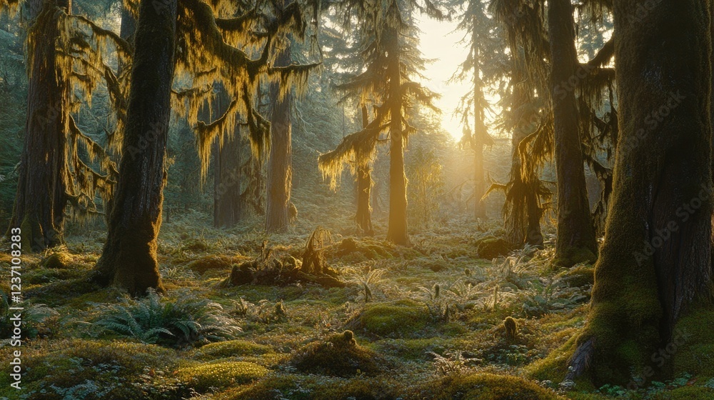 Obraz premium Sunlit Moss Draped Forest Trees At Dawn