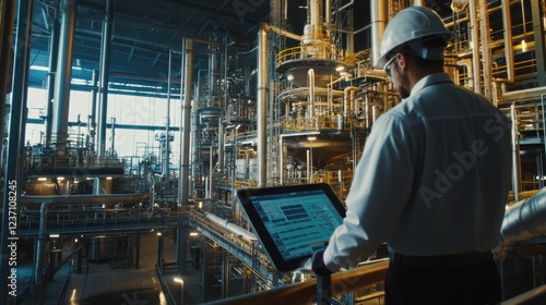 An expansive industrial chemical plant with engineers overseeing the production of specialty chemicals used in pharmaceuticals and electronics, Chemical plant scene