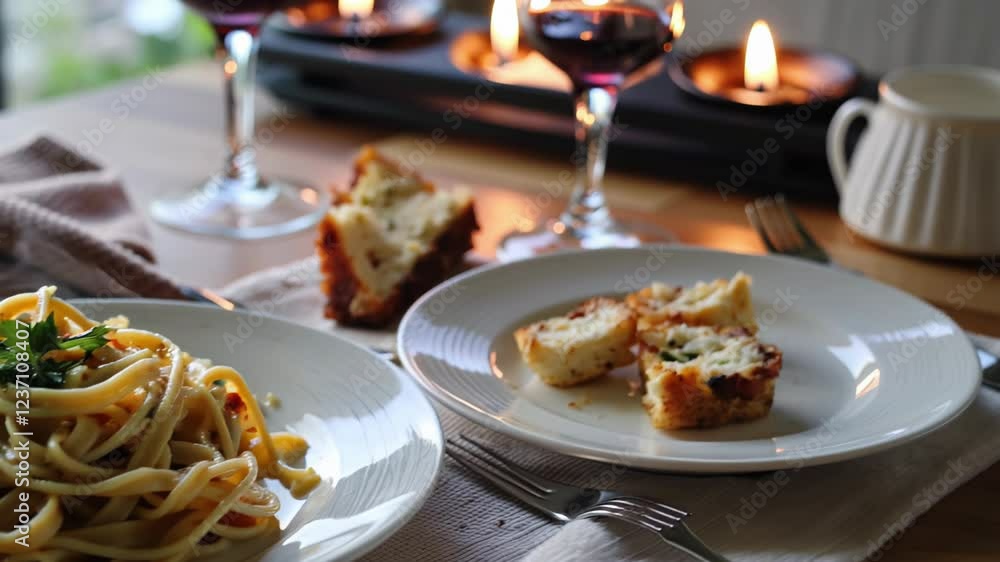 Creamy fettuccine alfredo nestled beside crusty bread slices, candlelight casting soft shadows across elegantly arranged dining surface with romantic atmosphere Creamy fettuccine alfredo nestled beside crusty bread slices, candlelight casting soft shadows across elegantly arranged dining surface with romantic atmosphere