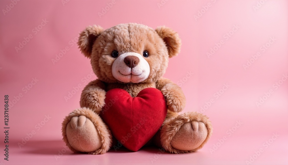 Adorable teddy bear holding a red heart on a pink background Adorable teddy bear holding a red heart on a pink background