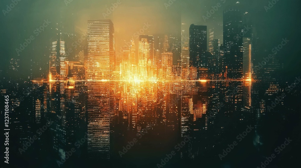 Abstract city skyline with glowing lights and reflections at night