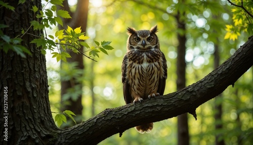 Majestic owl perched on a branch in a lush green forest during golden hour