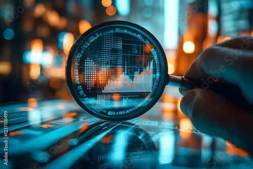 Trend analysis, marketing and sales information, analyze or predict trend line or profit, business forecast report concept, businessman analyst analyze trend graph and chart with magnifying, Generativ