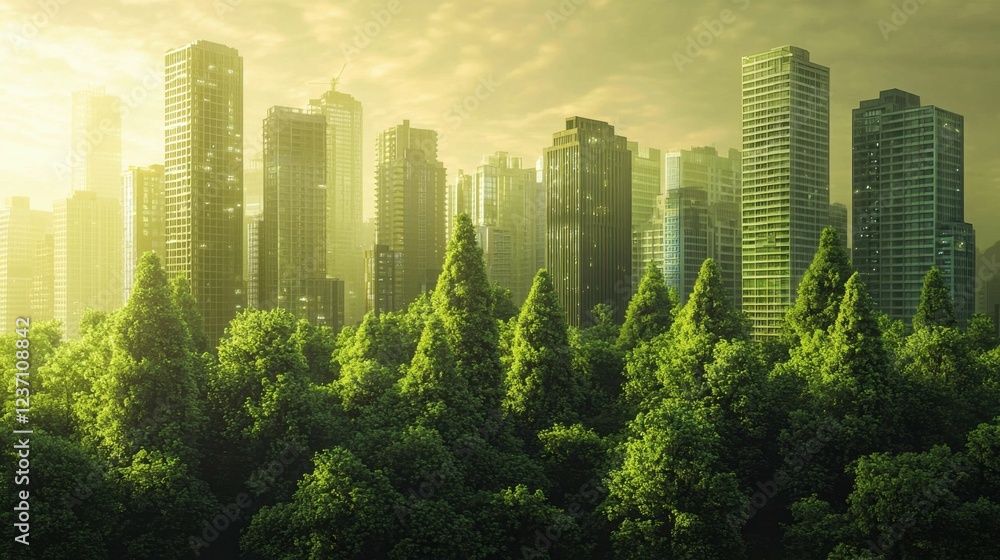 Lush Green Forest Surrounded by Modern Urban Skyline at Sunset
