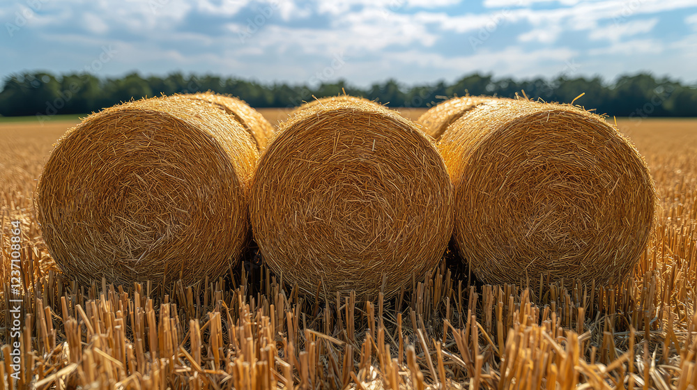 Golden hay bales scattered across a summer field Golden hay bales scattered across a summer field