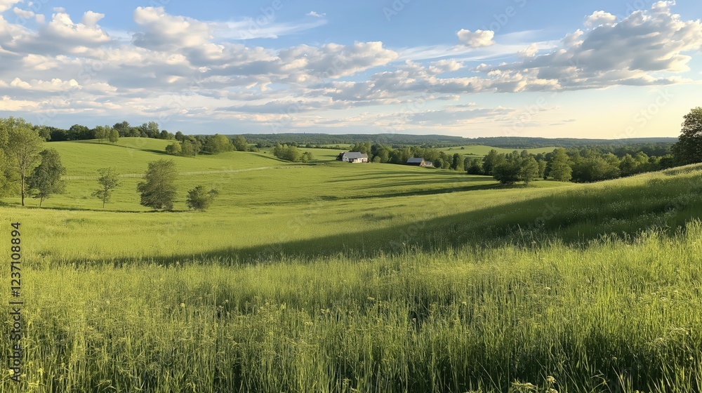 Fototapeta premium Serene Green Field Landscape Under Partly Cloudy Sky