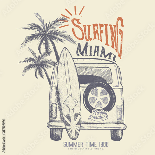 Palm tree vector. Beach holiday time. classic Vintage car Surfing paradise art print t-shirt design. Long beach, summer vibes hand draw, summer slogan with beach illustration, Hawaii, Aloha surf