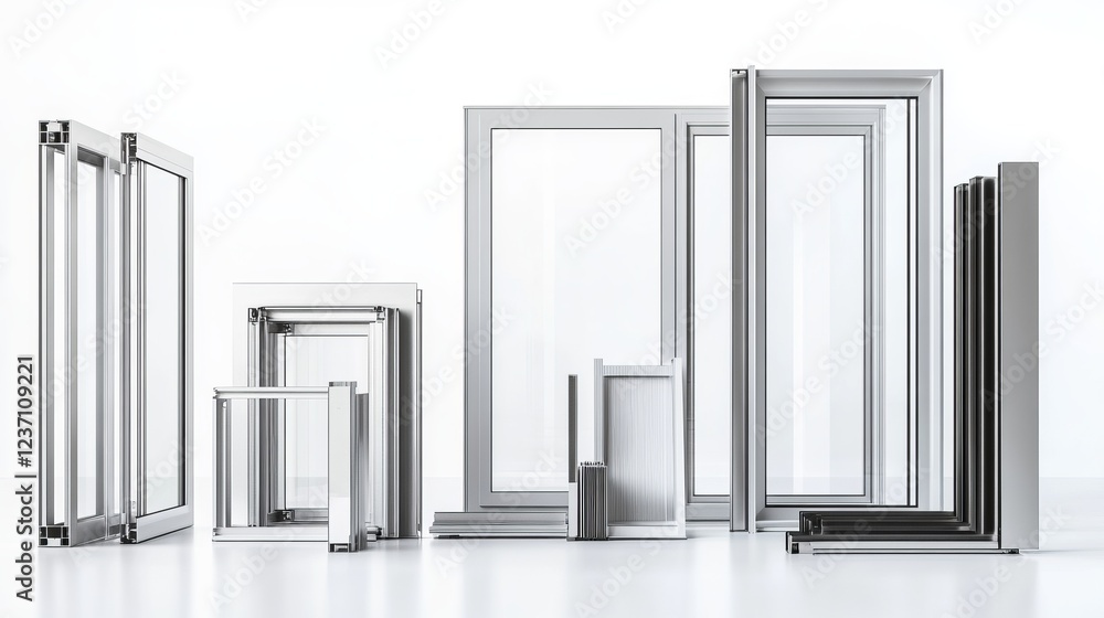 A collection of different modern office window frames, shown separately on a white background. These aluminum window frames are great for designing the exterior of a building. A collection of different modern office window frames, shown separately on a white background. These aluminum window frames are great for designing the exterior of a building.