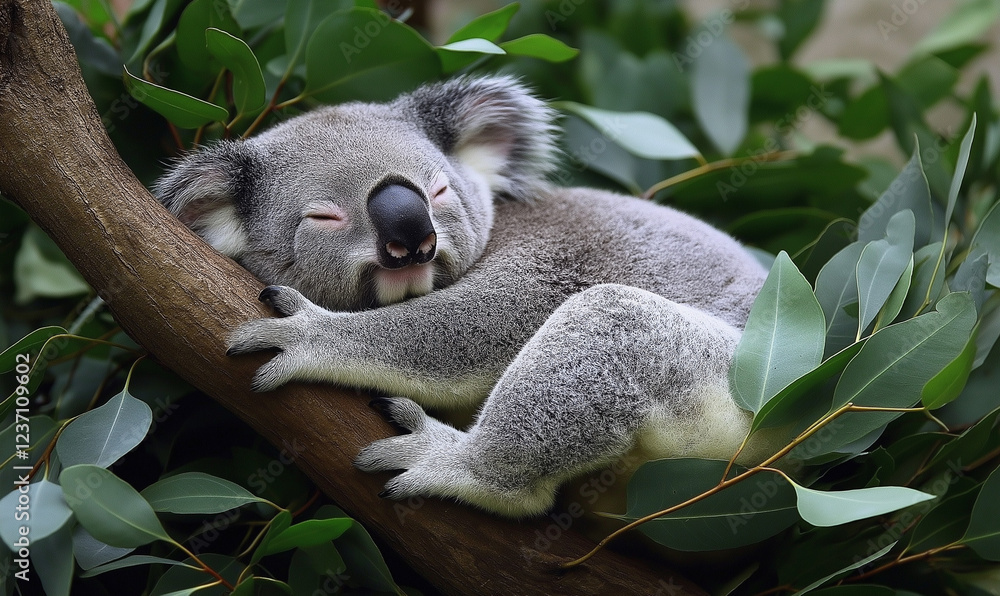 Obraz premium A koala napping contentedly in a eucalyptus tree, adding to the peaceful charm of Australia's wildlife