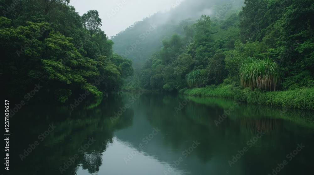 Dark Green Rainforest River Reflection in Mist Dark Green Rainforest River Reflection in Mist