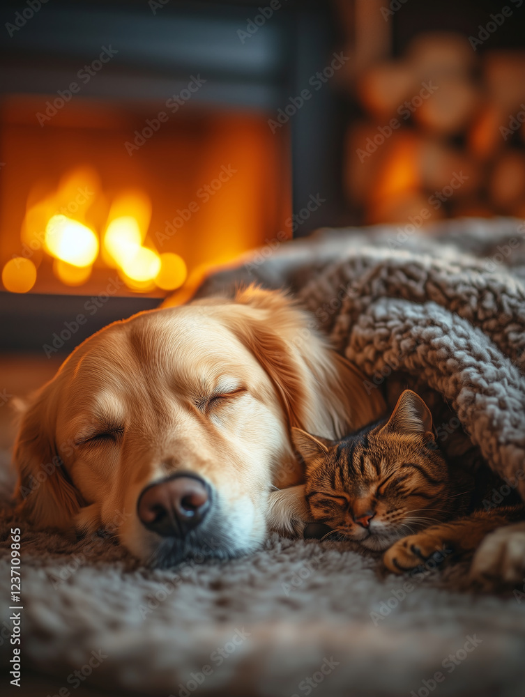 Obraz premium Golden retriever and cat cuddled together in warm cozy setting near fireplace