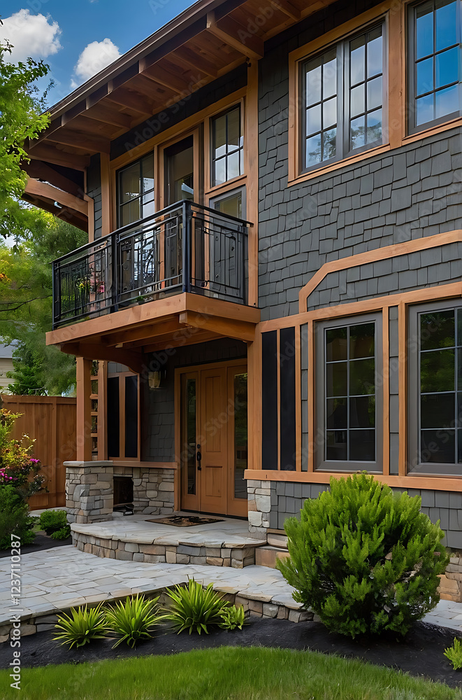 Modern House Exterior with Stone and Wood Design. Contemporary Home Architecture, Balcony, Landscaping, Residential Property Modern House Exterior with Stone and Wood Design. Contemporary Home Architecture, Balcony, Landscaping, Residential Property