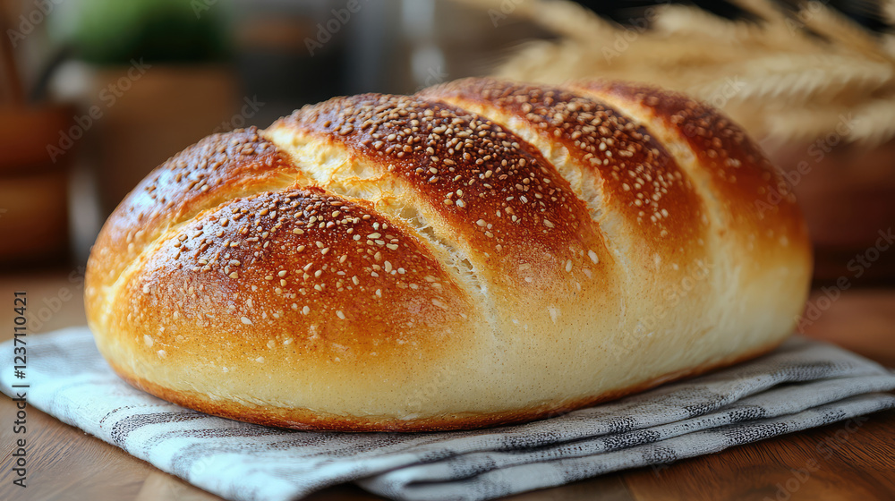 Freshly baked bread with golden wheat in the background Freshly baked bread with golden wheat in the background