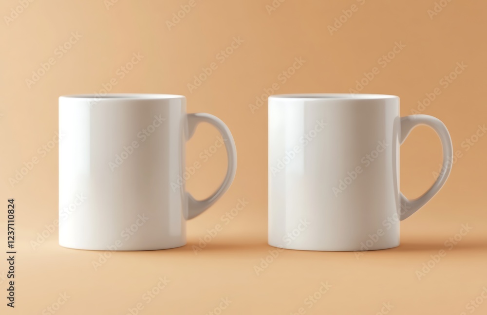 Two blank white mugs on a beige background. Two blank white mugs on a beige background.
