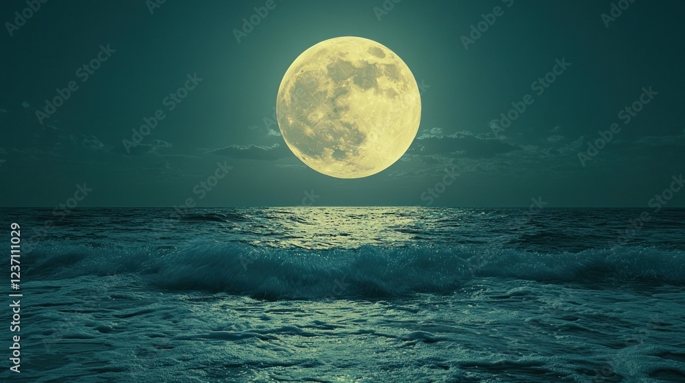 Fototapeta premium Full moon over tranquil ocean waves at night.