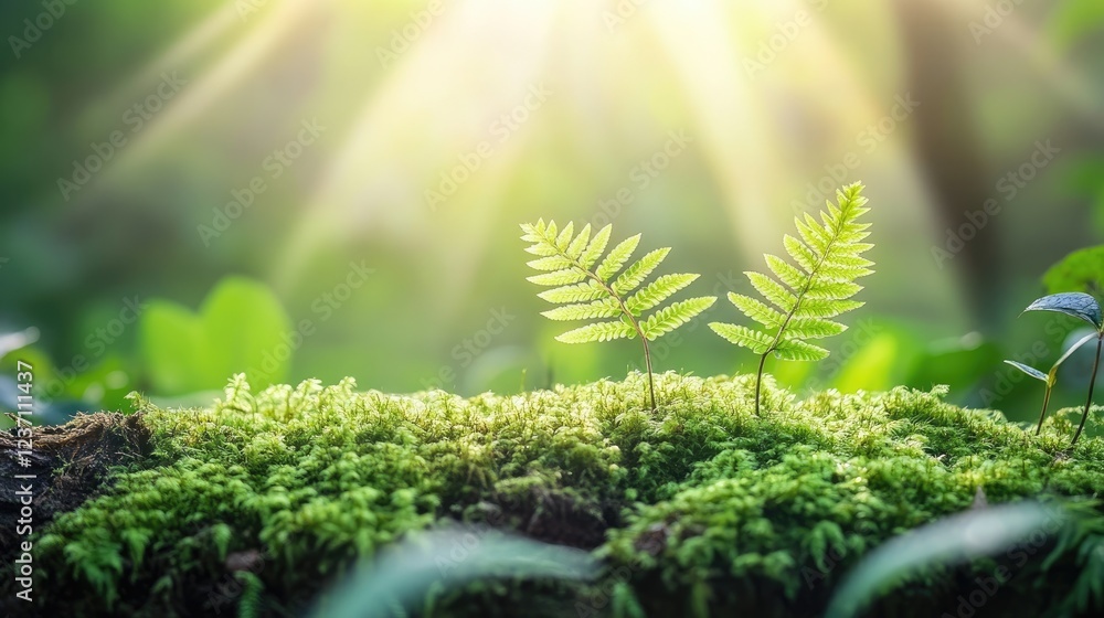 Fototapeta premium Young ferns growing on mossy log in sunlight