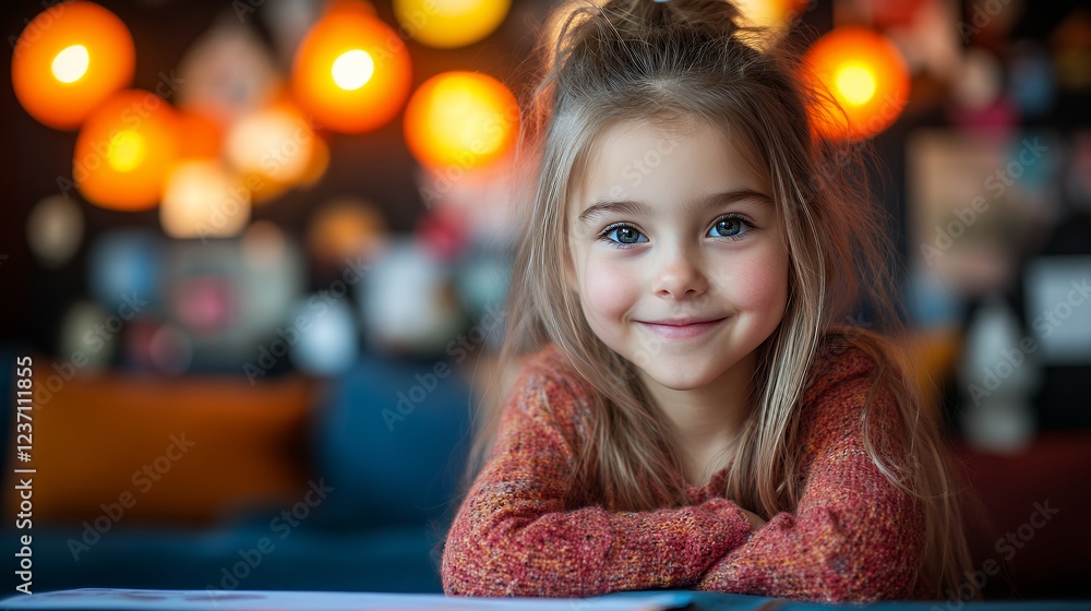 Young Girl With a Warm Smile Enjoying a Cozy Indoor Setting Surrounded by Colorful Lights Young Girl With a Warm Smile Enjoying a Cozy Indoor Setting Surrounded by Colorful Lights