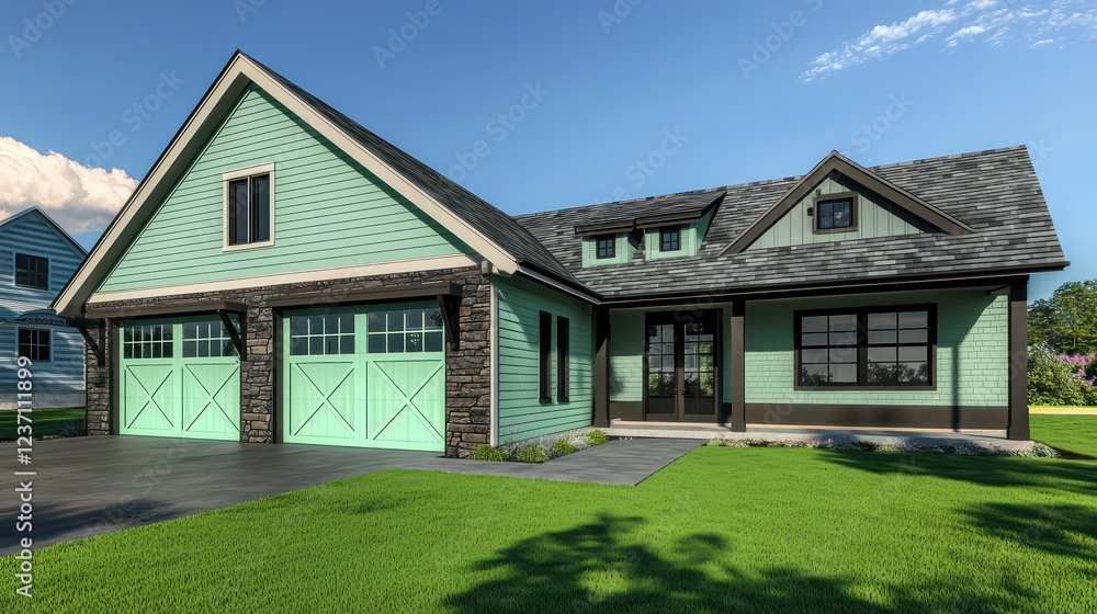 Obraz premium A modern farmhouse home sporting cool mint siding