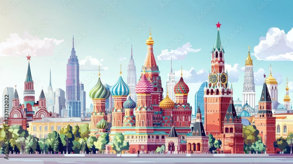 Fototapeta premium Colorful Cityscape with Historic Architecture and Modern Skyline