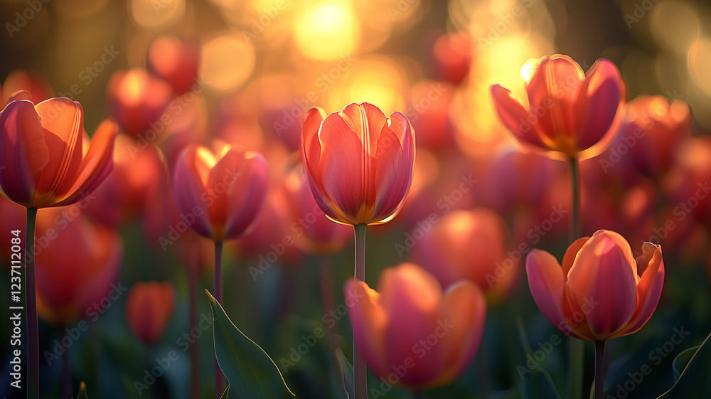 Fototapeta premium Sunlit tulip blooms in Skagit Valley during springtime magic
