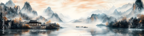 Majestic Song Dynasty Landscape: Timeless Chinese Watercolor Art Reimagined. Abstract High-End 8K Marketing Background for Creative Advertising. Vintage Aesthetic Meets Modern Design. Premium Poster a