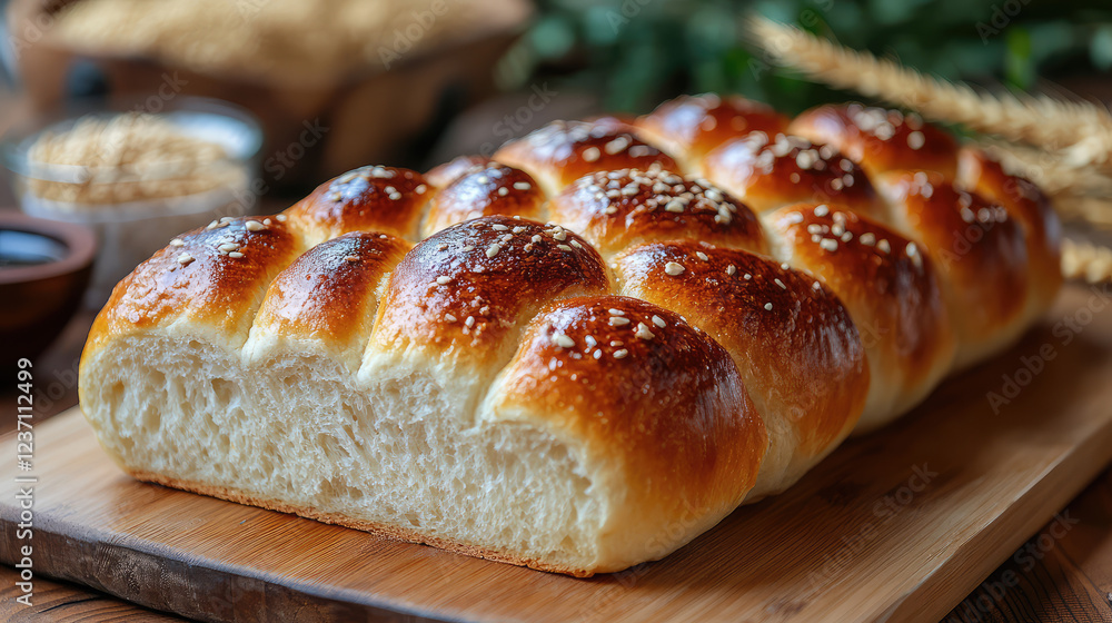 Freshly baked bread with golden wheat in the background Freshly baked bread with golden wheat in the background