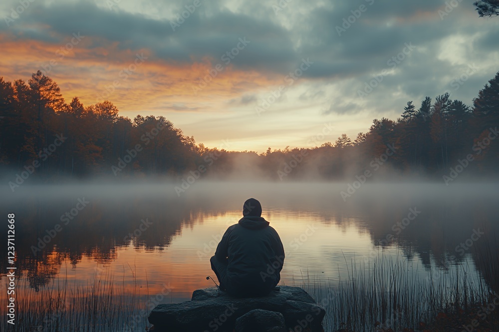 Reflecting on a Tranquil Lake at Dawn With Mist and Vibrant Colors in the Sky Reflecting on a Tranquil Lake at Dawn With Mist and Vibrant Colors in the Sky