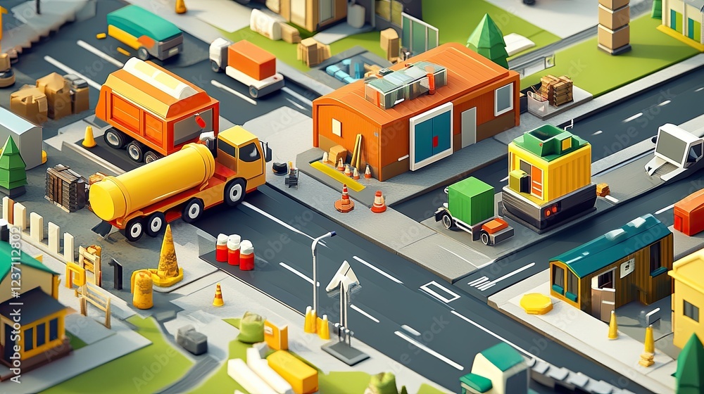 Low Poly City Street Scene Featuring Construction Vehicles Low Poly City Street Scene Featuring Construction Vehicles