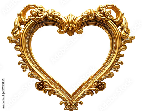 Luxurious gold heart frame for special occasions. Ornate vintage design. Shiny golden texture. Perfect for luxury gifts decorations. Ideal for wedding Valentine Day cards. Decorative frame adds