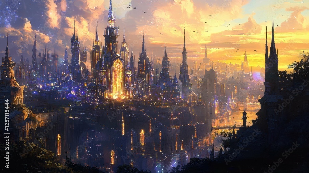 Fototapeta premium Enchanted Cityscape at Dusk with Magical Towers and Soft Glow