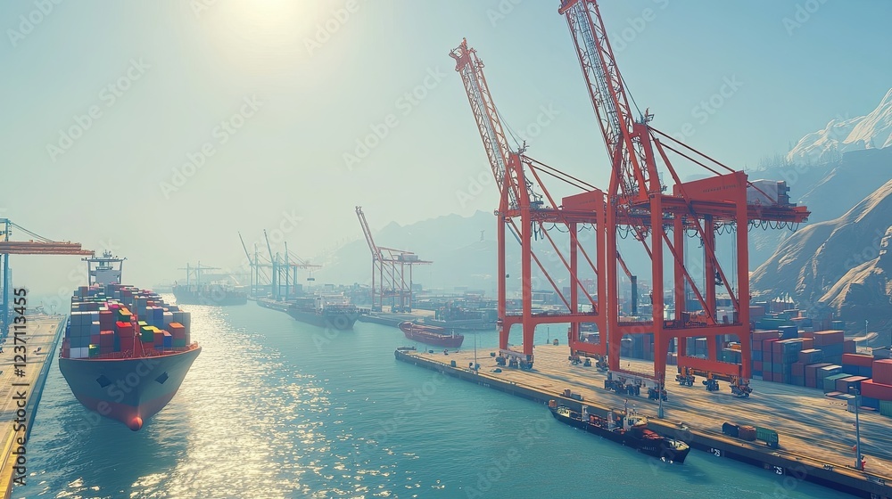 Fototapeta premium Container Ship Docks at Busy Industrial Port